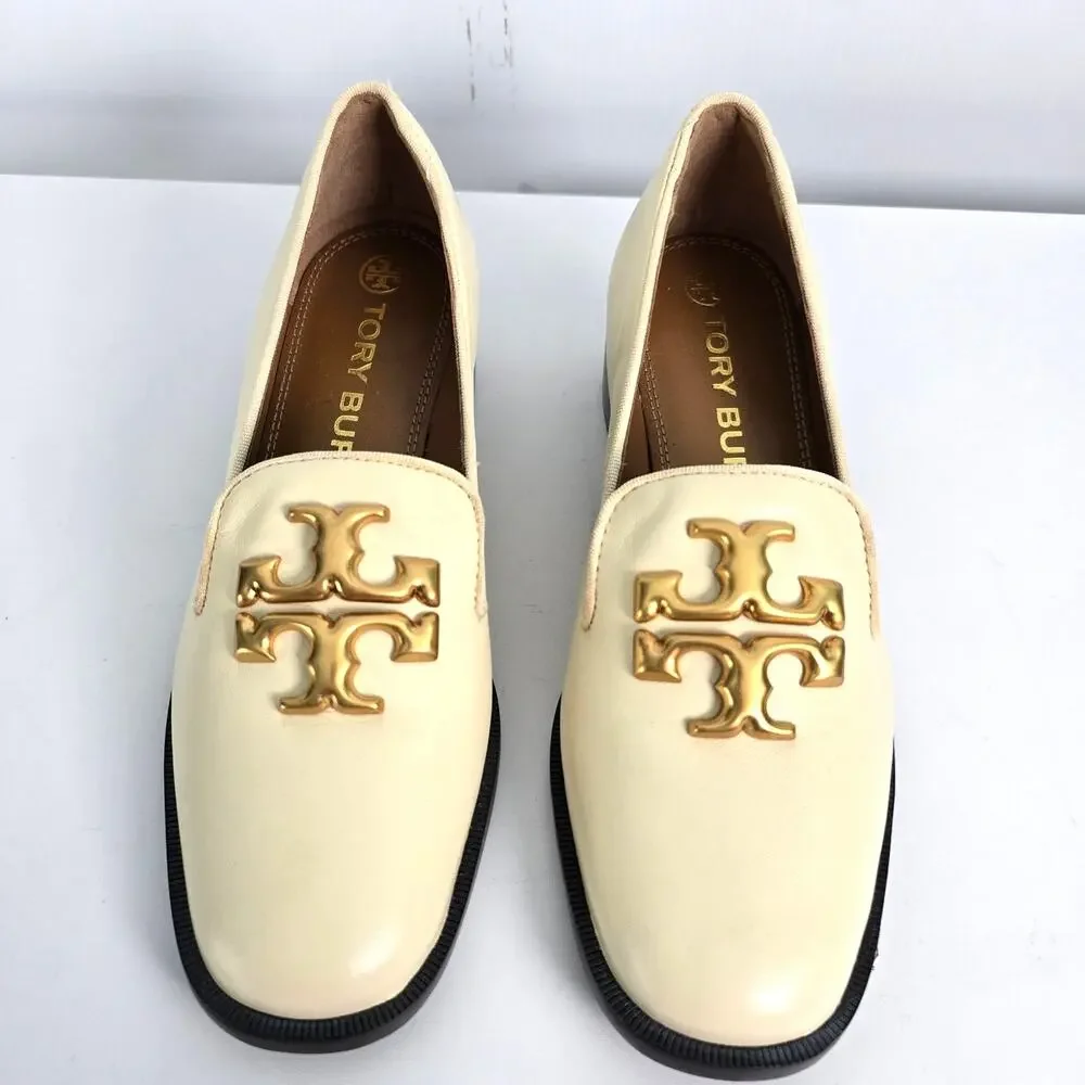 Tory Burch Eleanor Heeled Loafers Cream Leather Brass Logo Size 7M